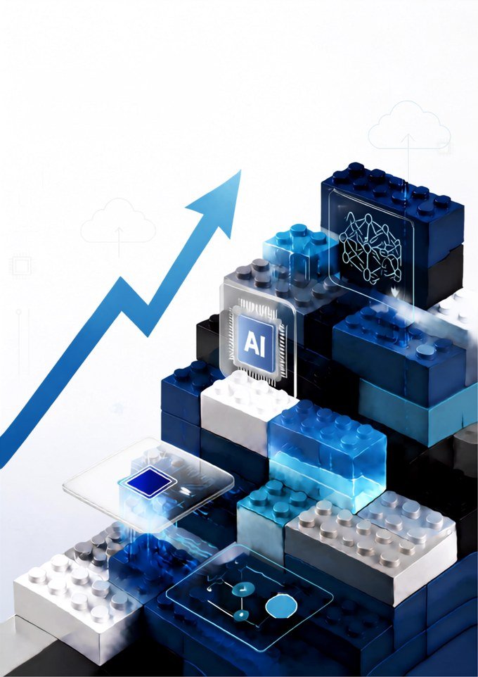Building blocks stacked into a rising structure, representing an AI system being assembled piece by piece