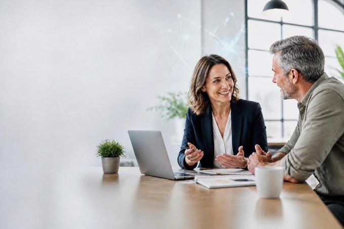 An advisor and a client in conversation at a desk with a laptop, during an opportunity call