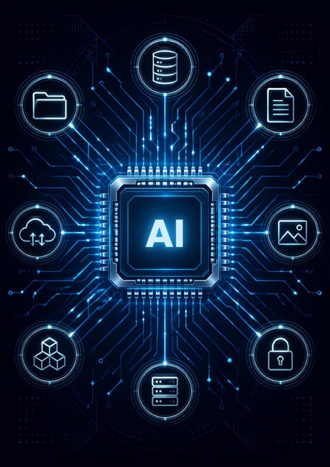 AI chip at the centre of a circuit diagram connected to folders, databases, files, images, cloud storage and security icons