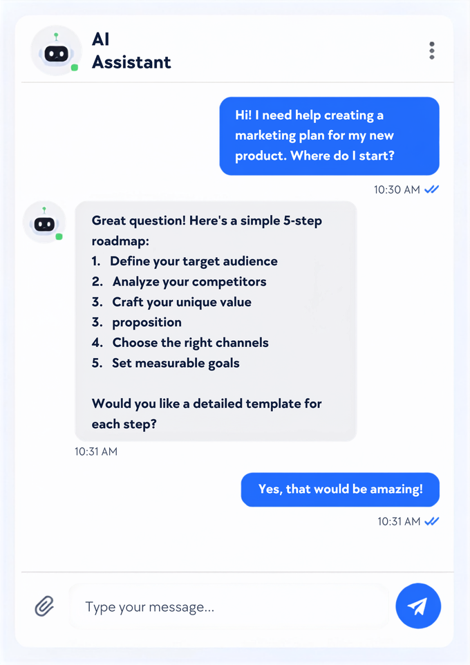 AI Assistant chat interface answering a question about creating a marketing plan