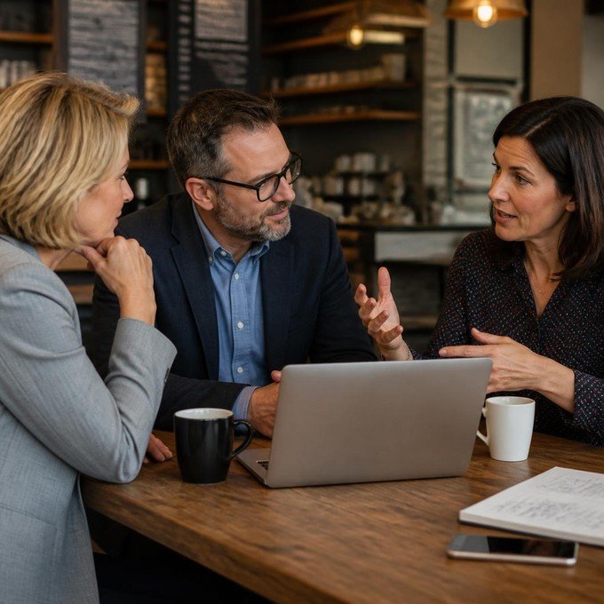 Three people in conversation around a laptop at a cafe table, discussing a plan together